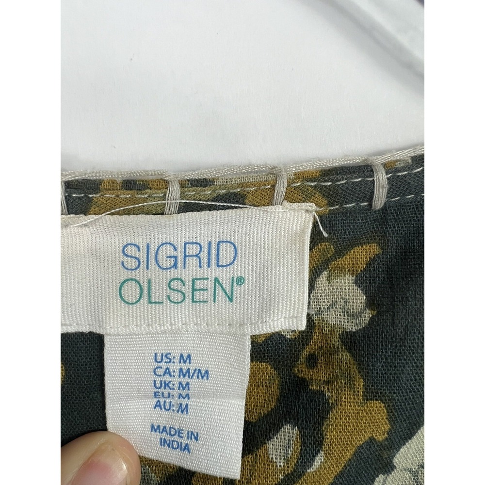 Sigrid Olsen Top Women's Sz M Green/Beige Print Hi Low Hem Embroidered - Picture 2 of 9